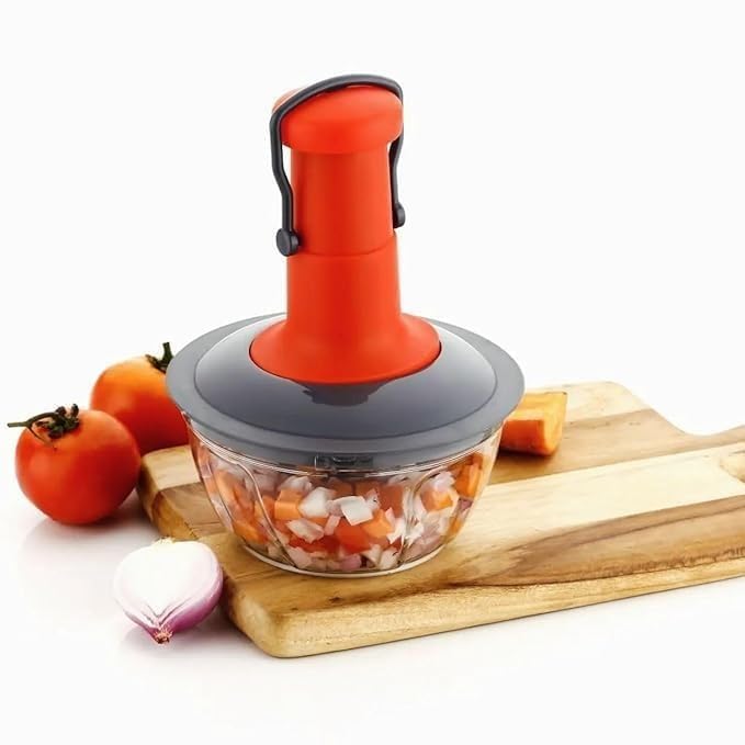 Hand Press Push Chopper for Vegetables & Fruits – 650ml Capacity, 3 Sharp Stainless Steel Blades, No Electricity Needed, Anti-Skid Base, Compact & Easy to Use – Color: Red
