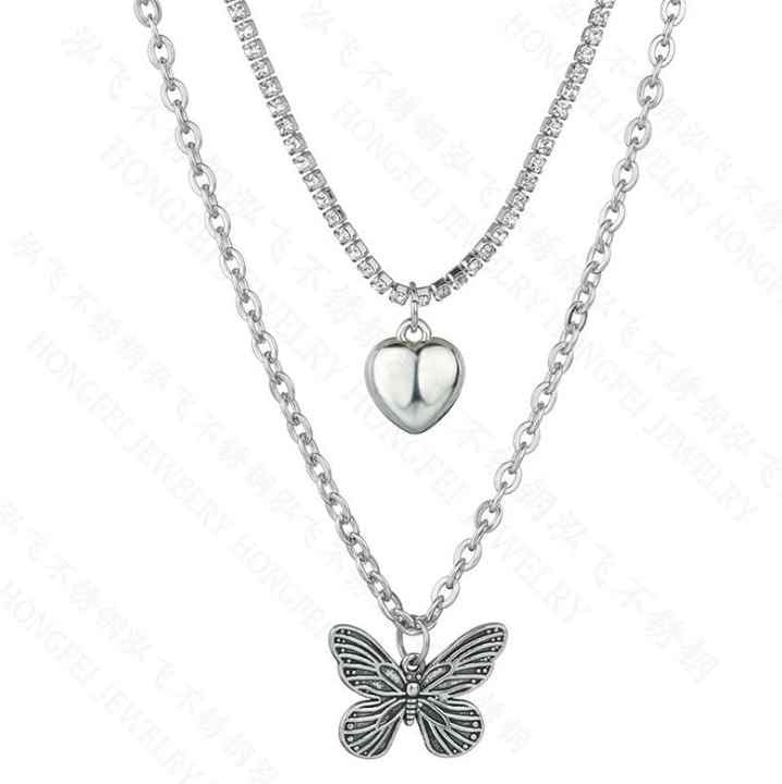 RF REDFOXX Layered Butterfly & Heart Pendant Necklace – Silver Titanium Steel Chain for Women & Girls – Elegant & Durable Fashion Jewelry