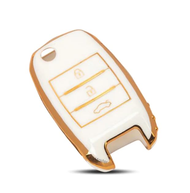 RF REDFOXX Car Key Cover Case with Golden Rim for All Latest Accessories for KIA Sonet | Seltos | Carens (KI-A FLIP1, White)
