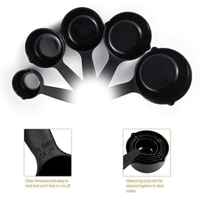 Precision in Style 11-Piece Black Plastic Measuring Cups and Spoons Set with Butterfly Shape Holder – Elegant and Functional Kitchen Essentials for Accurate Cooking and Baking