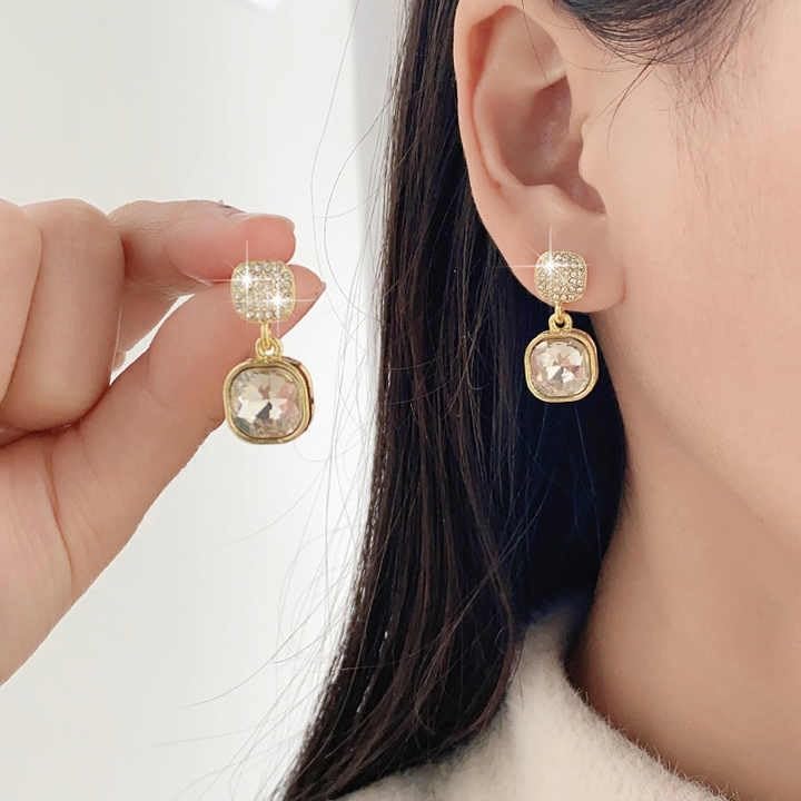 Crystal Drop Earrings, Gold-Plated Square Design, Zircon Pave Studs