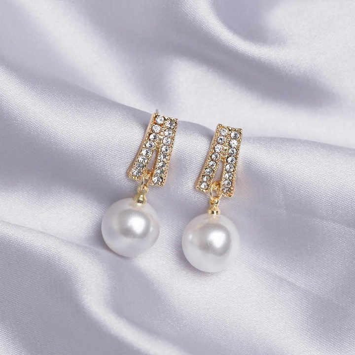 Pearl Drop Earrings with Crystal Rhinestones, Vintage Style, Gold-Toned, Ivory White
