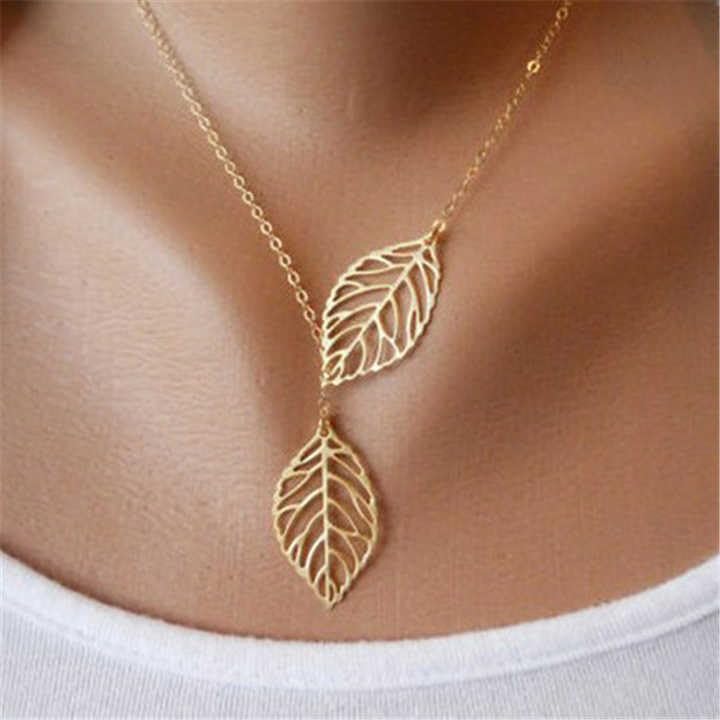RF REDFOXX Elegant Double Leaf Pendant Necklace, Gold-Toned Chain, Fashion Jewellery for Women