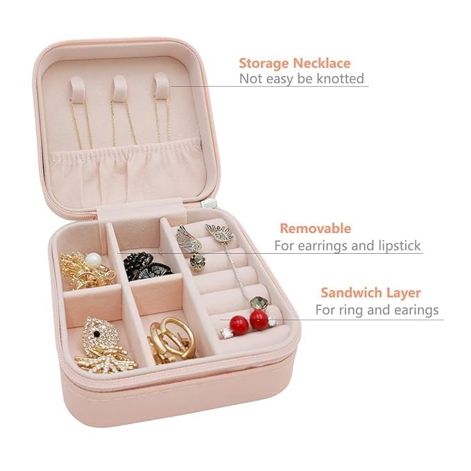 RF REDFOXX Leather Mini Jewelry Travel Case Small Portable Jewelry Organizer Box for Rings, Earrings & Necklaces Compact Travel Storage Organizer with Secure Closure (Pink)