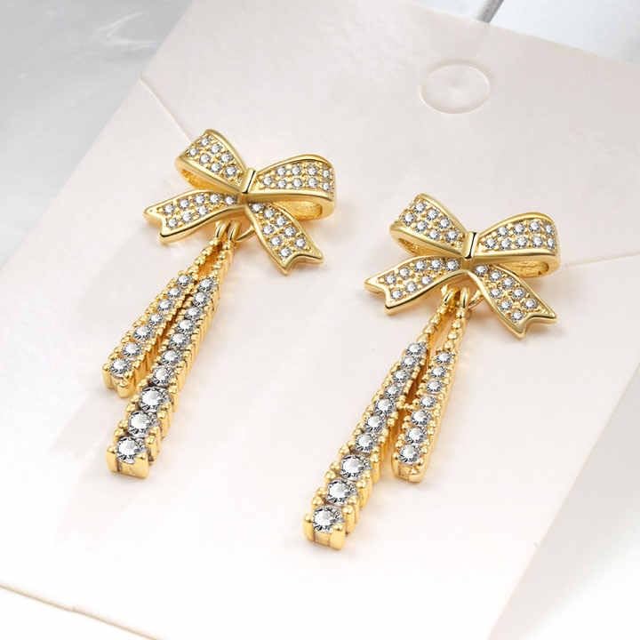 Crystal Bow Drop Earrings, Filled, Zircon Stone Embellished, Women's Fashion Jewellery