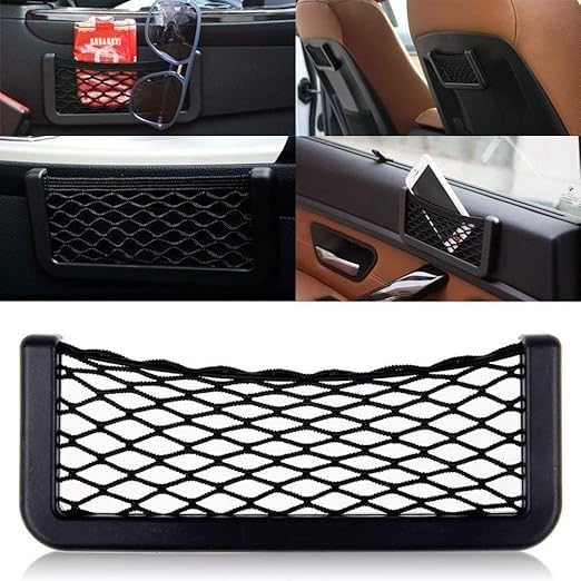 Car Storage Net Organizer with Phone Stand, Elastic Mesh Pocket for Seat Side and Back, Multi-Purpose Interior Holder, Black, Pack of 1