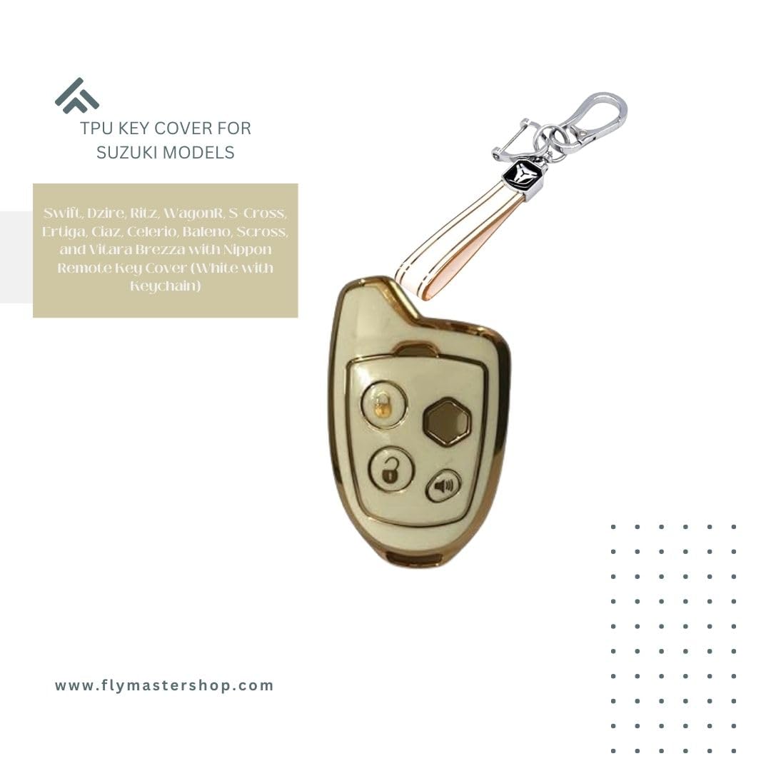 TPU Key Cover for Suzuki Models: Swiift, Dziire, Rittz, WagoonR, S-Cross, Ertigaa, Ciazz, Celeerio, Balleno, Scrross, and Vitarra Brezza with Nippon Remote Key Cover (White).