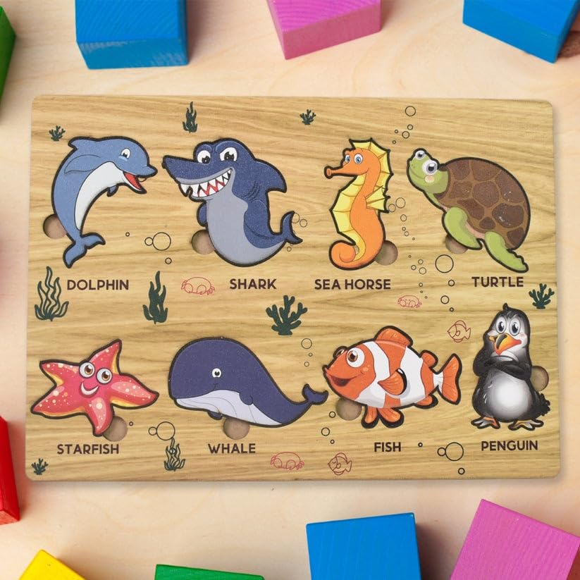 Seawater Animal Wooden Puzzle Board for Kids | Ocean Theme Educational Learning Toy | Montessori Knob Puzzle for Toddlers | Early Learning & Skill Development (1 Set)
