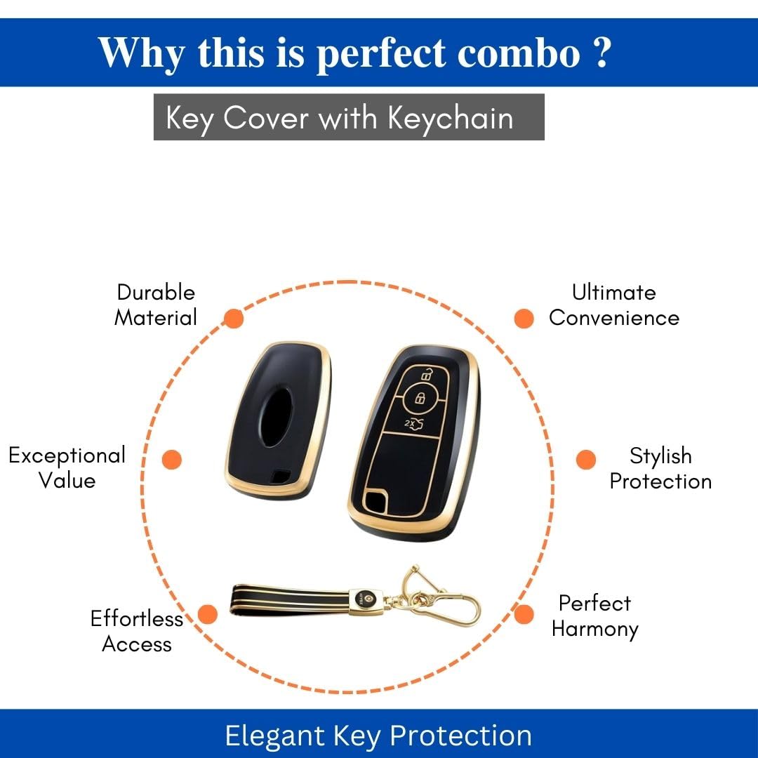 Stylish and Durable Soft TPU Leather Pattern Key Cover for Ford Ecosport, Aspire, Freestyle, and Endeavour Push Button Start Keys: Black with Keychain.