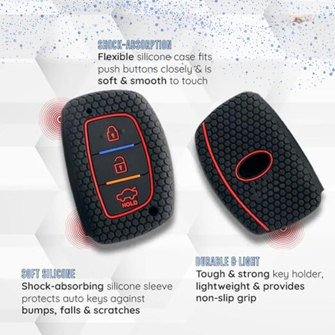 Silicone Key Cover for Elite I20, ActiveI20, Aura, Verrna 4s, Xceent, Tucson, Elantra 3 Button Smart Key (Push Button Start Models only) (Black with KC Mini Black Keyring).