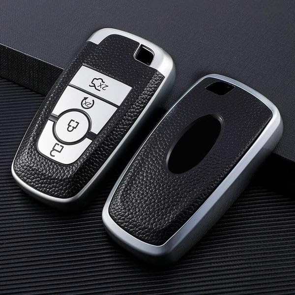 RF REDFOXX Ecosport Aspire Freestyle Endeavour Push Button Start Car Key | Car Accessories | Soft TPU Leather Pattern Key Cover, Silver Color