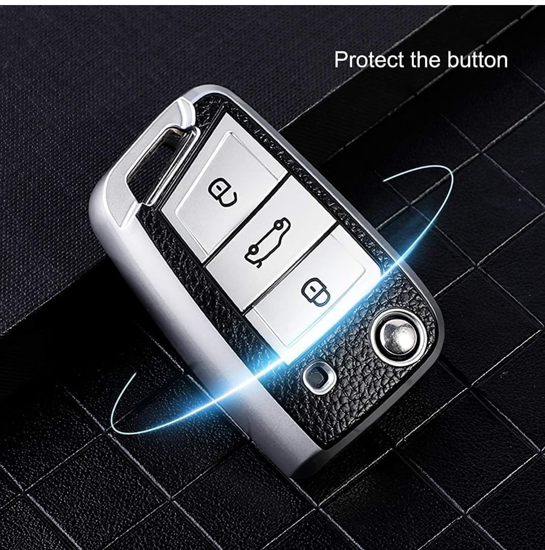RF REDFOXX Leather Key Cover Compatible for Kushaq, Octavia, Kodiaq, Superb, Slavia, Passat 3B Flip Key (Silver) with Key Ring