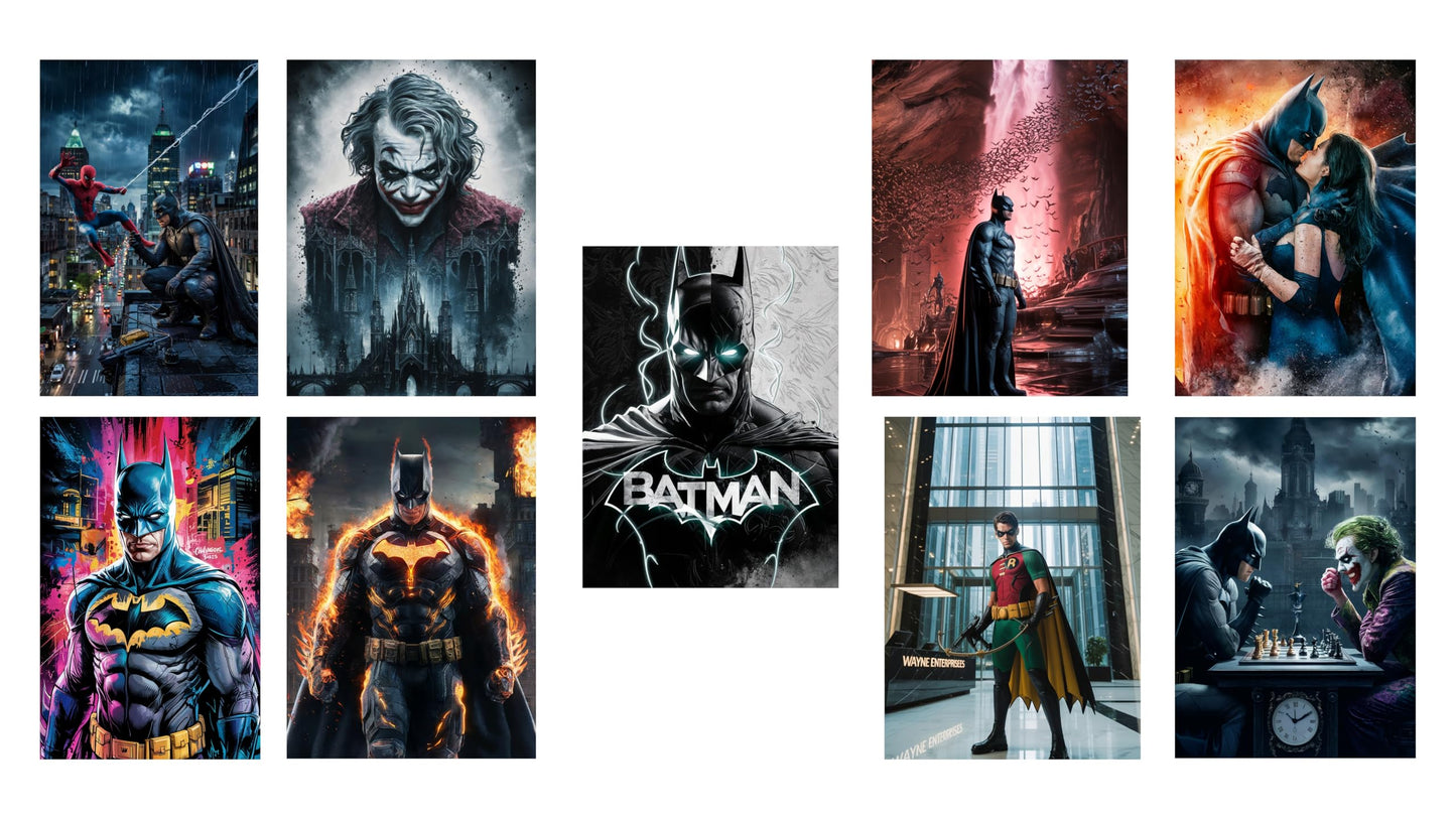 Batman Wall Poster Set – 9 PCS A4 Size (8.3" x 11.7") – Premium 180 GSM Superhero Art Prints with Adhesive Tape – DC Comics Wall Decor for Bedroom, Living Room & Office – Unframed Dark Knight Collection