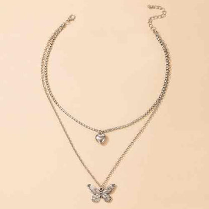 RF REDFOXX Layered Butterfly & Heart Pendant Necklace – Silver Titanium Steel Chain for Women & Girls – Elegant & Durable Fashion Jewelry