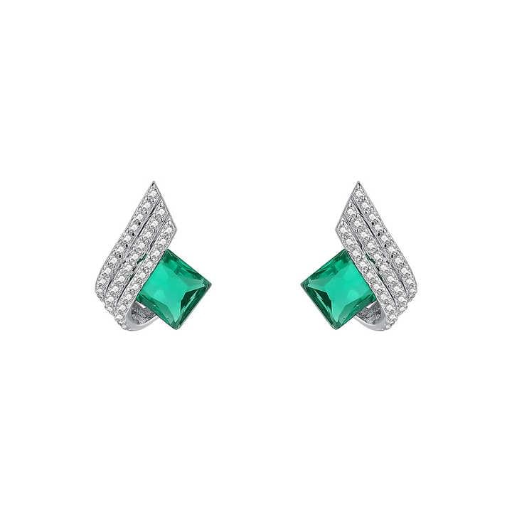 Crystal Wing Stud Earrings, Square Emerald Green Gemstone, Cubic Zirconia Accents, Silver