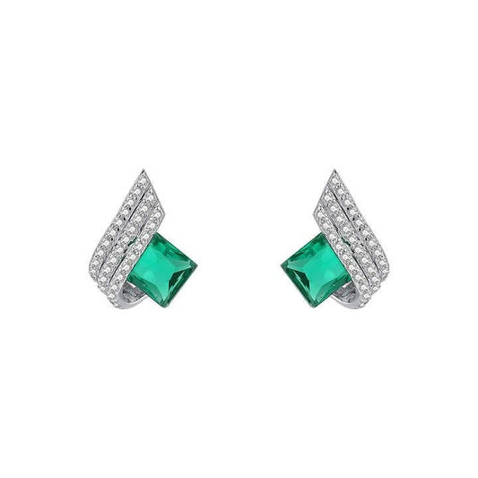 Crystal Wing Stud Earrings, Square Emerald Green Gemstone, Cubic Zirconia Accents, Silver