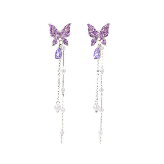 Crystal Butterfly Drop Earrings, Purple Rhinestone with Pearl Tassel Chain, Silver