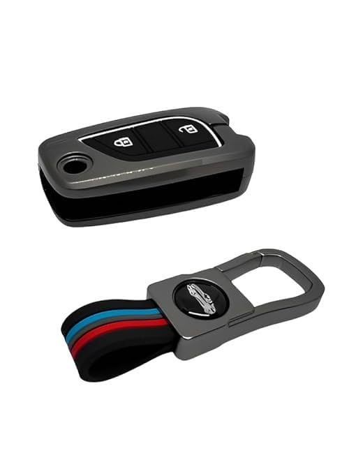 RF REDFOXX Premium Metal Soft Car Key Cover with Keychain Compatible with Toyota Innova Crysta, Corolla Altis, Camry, HyCross & Hilux, 2 Button Flip Smart Key Case, Black