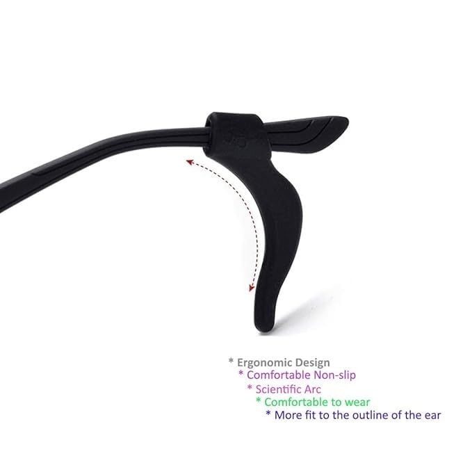 RF REDFOXX SoftGrip Anti-Slip Silicone Ear Hooks for Glasses and Sunglasses, Black Temple Tips Holder, Comfortable Wear Grips, Model SG-EH01, 1 Pair