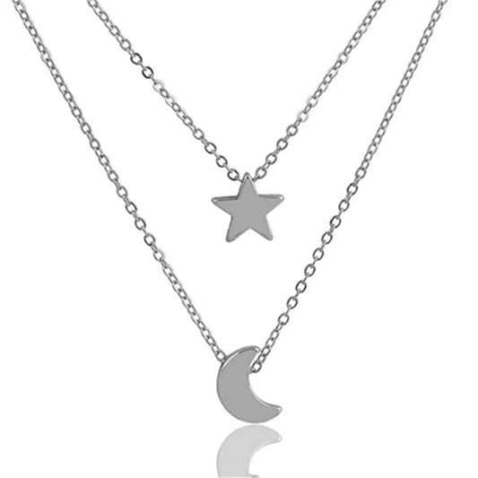 RF REDFOXX Double-Layered Necklace with Star & Moon Pendant – Elegant Celestial Jewellery for Women & Girls | Trendy, Lightweight Design