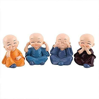 RF REDFOXX Buddha Monk Set of 4 Statues – Charming Mini Figurines Perfect for Home Decor, car dashboards, or Office desks, Ideal as Thoughtful Gifts or Elegant Tabletop Accents. (Pack of 1)