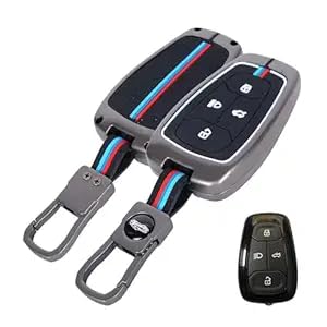 Metal Key Cover Compatible with Tata Nexon, Curvv, Altroz, Harrier, Punch, Safari & EV Models | 4 Button Smart Key Case with Short Keychain | Premium Metal Car Key Cover | Black (Pack of 1)