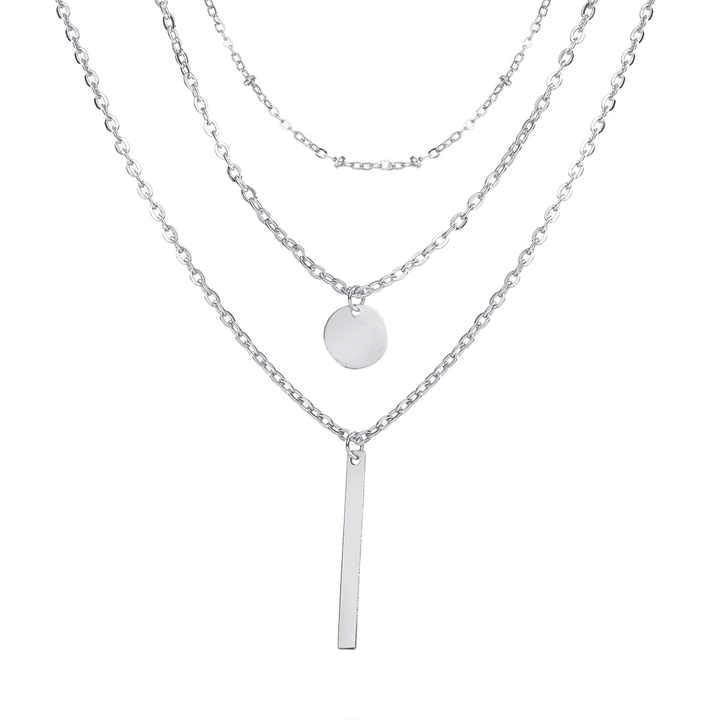 Layered Chain Necklace for Women – Silver Plated Multi-Strand Pendant with Disc & Bar Charms – Fashion Jewelry for Casual