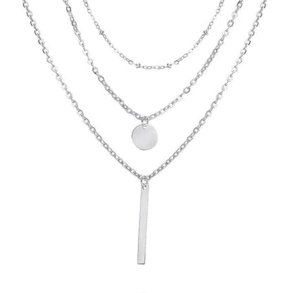 Layered Chain Necklace for Women – Silver Plated Multi-Strand Pendant with Disc & Bar Charms – Fashion Jewelry for Casual