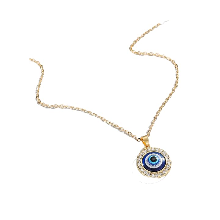 Evil Eye Pendant Necklace, Crystal Rhinestone Round Charm, Gold-Plated Chain, Blue