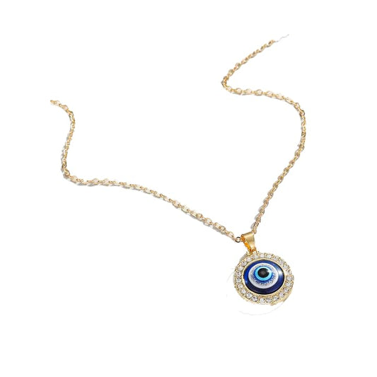 Evil Eye Pendant Necklace, Crystal Rhinestone Round Charm, Gold-Plated Chain, Blue