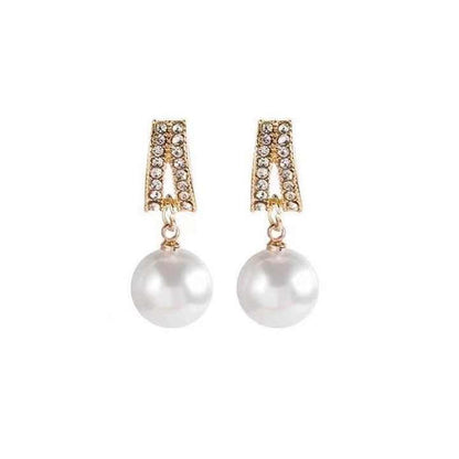 Pearl Drop Earrings with Crystal Rhinestones, Vintage Style, Gold-Toned, Ivory White