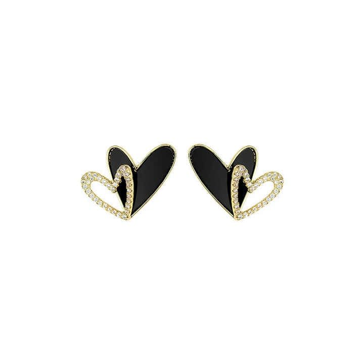 Double Heart Stud Earrings, Black Enamel with Crystal Accents, Gold-Toned
