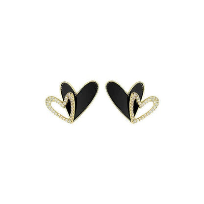 Double Heart Stud Earrings, Black Enamel with Crystal Accents, Gold-Toned