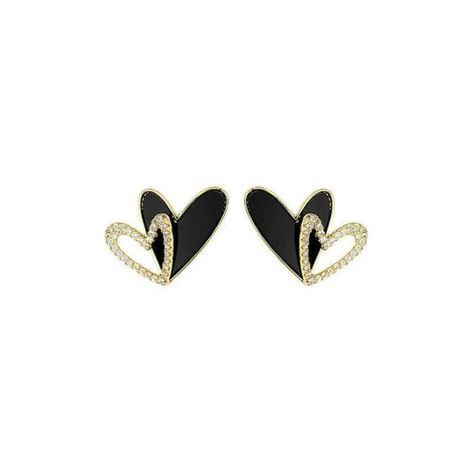 Double Heart Stud Earrings, Black Enamel with Crystal Accents, Gold-Toned