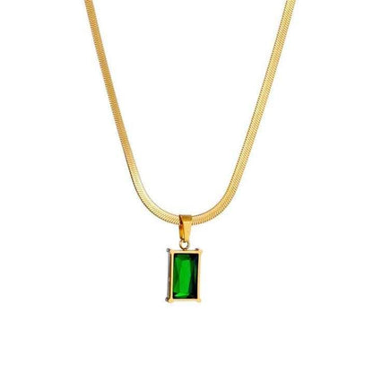 RF REDFOXX Gold-Plated Snake Chain Necklace with Emerald Green Zircon Pendant – Stainless Steel Jewelry for Women