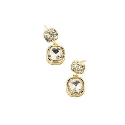 Crystal Drop Earrings, Gold-Plated Square Design, Zircon Pave Studs