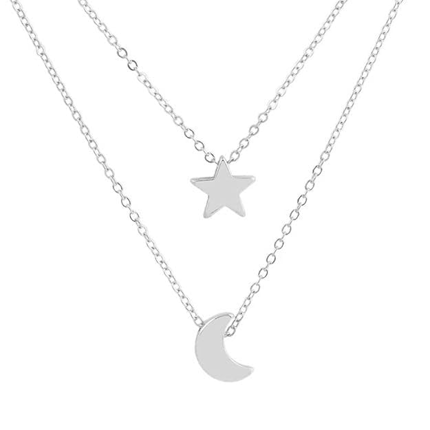 RF REDFOXX Double-Layered Necklace with Star & Moon Pendant – Elegant Celestial Jewellery for Women & Girls | Trendy, Lightweight Design