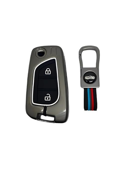 RF REDFOXX Premium Metal Soft Car Key Cover with Keychain Compatible with Toyota Innova Crysta, Corolla Altis, Camry, HyCross & Hilux, 2 Button Flip Smart Key Case, Black