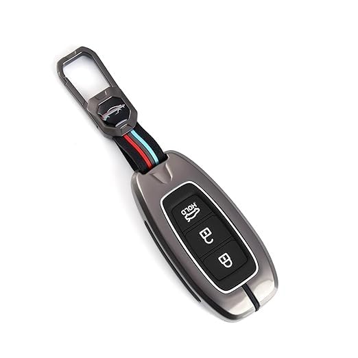 Metal & Soft Silicone Car Key Cover with Keychain | Full Protection Key Shell Compatible with Hyundai Verna, Kona, i20 (2019–2024) | 3-Button Smart Key Case
