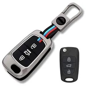 Metal Silicone Key Cover Compatible with Hyundai i10 & i20 (Old Model) | 3 Button Flip Key Case | Full Metal Protection with Low-Light Visibility Feature | Black (Pack of 1)