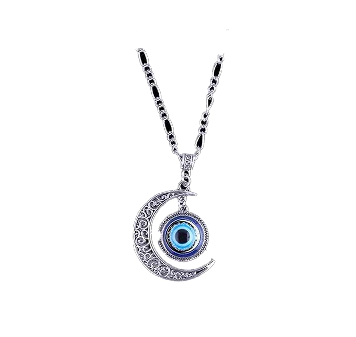 Evil Eye Moon Pendant Necklace, Silver Alloy Chain, Blue Crystal Charm