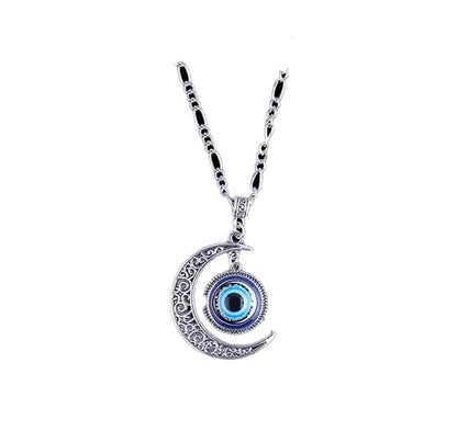 Evil Eye Moon Pendant Necklace, Silver Alloy Chain, Blue Crystal Charm