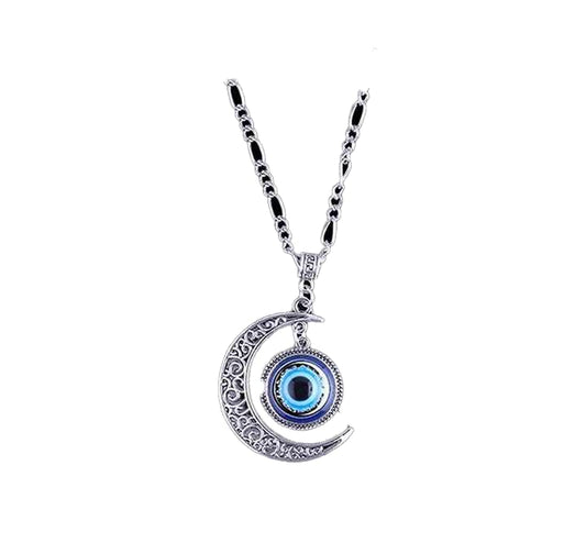 Evil Eye Moon Pendant Necklace, Silver Alloy Chain, Blue Crystal Charm