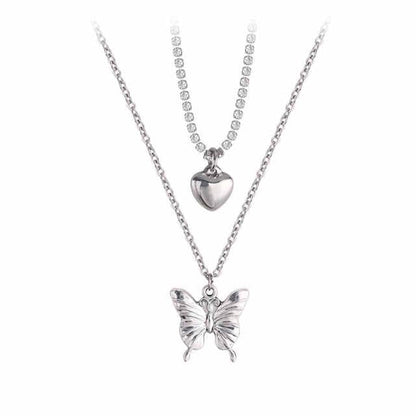 RF REDFOXX Layered Butterfly & Heart Pendant Necklace – Silver Titanium Steel Chain for Women & Girls – Elegant & Durable Fashion Jewelry