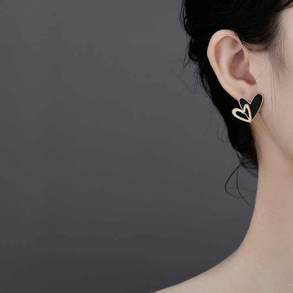 Double Heart Stud Earrings, Black Enamel with Crystal Accents, Gold-Toned