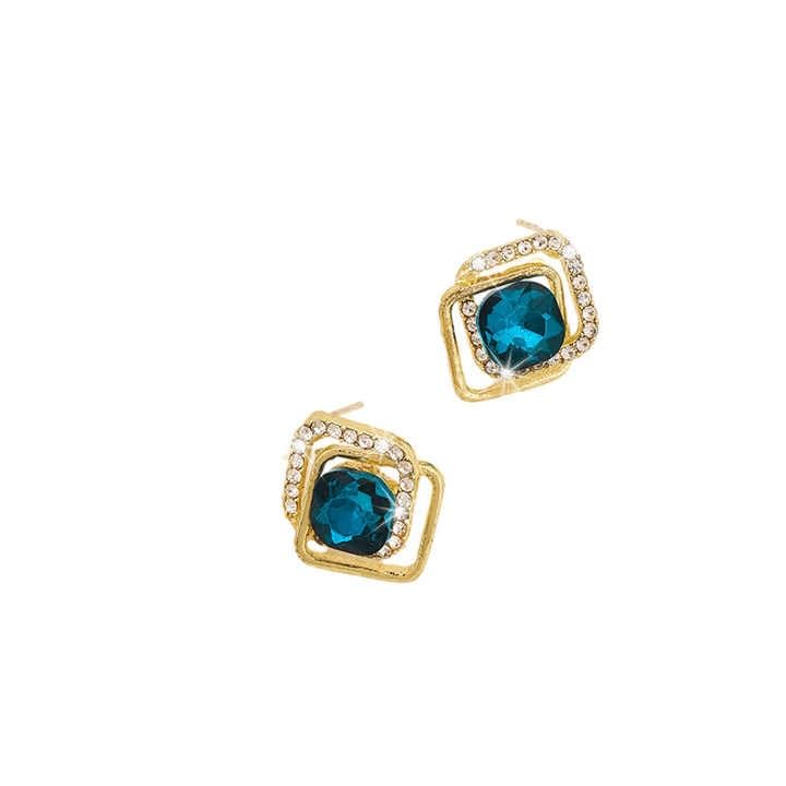 Crystal Square Stud Earrings, Gold-Plated with Turquoise Blue Stone and Rhinestones