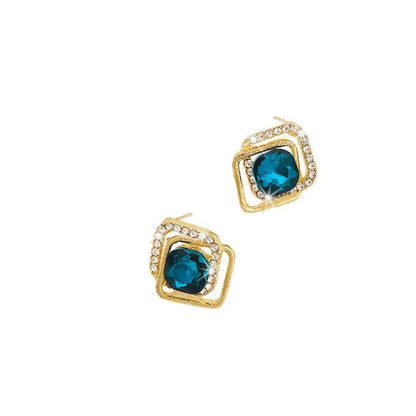 Crystal Square Stud Earrings, Gold-Plated with Turquoise Blue Stone and Rhinestones