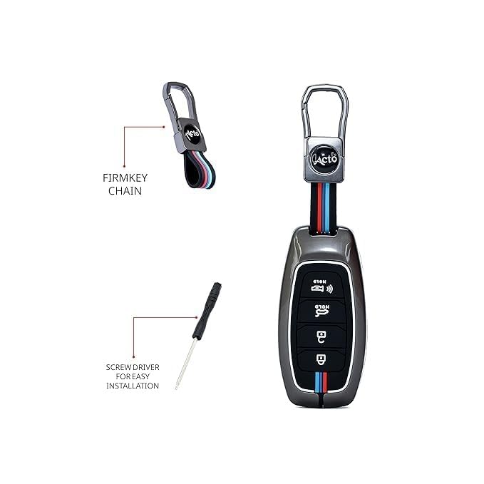 Metal Shell & Soft Silicone Full Protection Key Cover Compatible with Hyundai Verna 2019–2023 | New Verna 2022–2023 4 Button Smart Key Case | Low-Light Visibility Feature | Multi-Colour (Pack of 1)