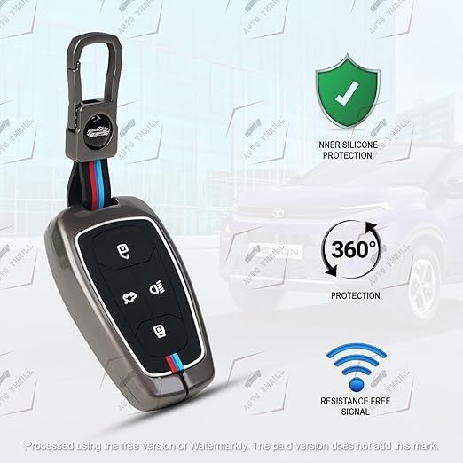 Metal Key Cover Compatible with Tata Nexon, Curvv, Altroz, Harrier, Punch, Safari & EV Models | 4 Button Smart Key Case with Short Keychain | Premium Metal Car Key Cover | Black (Pack of 1)