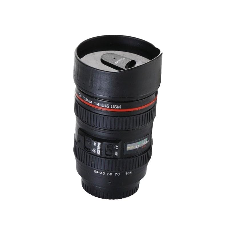 Camera Lens Coffee Mug 400ml | Stainless Steel Insulated Travel Mug Flask with Lid | Leakproof Thermos Cup for Coffee & Tea | DSLR Lens Design Gift for Men & Women (Black)